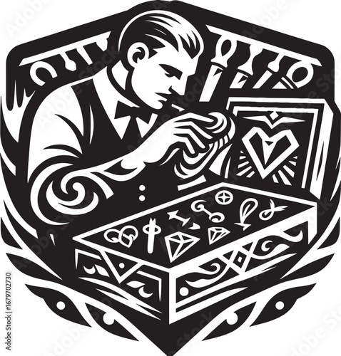 Jeweler working with precision on gemstones inside an elegant hexagon frame design