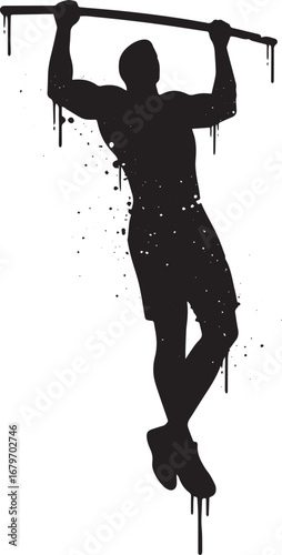 Abstract Silhouette of Man Doing Pull-Up with Grunge Splatter Ef