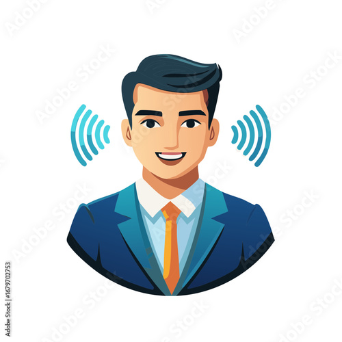 Listening Businessman with Sound Waves Emanating from Ears, Hearing Concept, Communication Skills