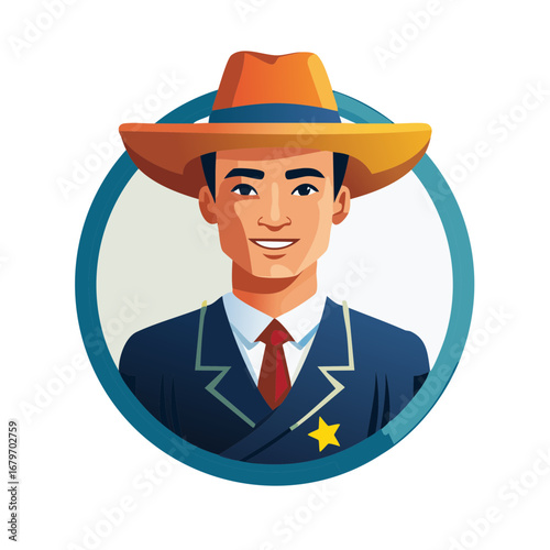 Smiling Asian sheriff character in a cowboy hat and suit illustration