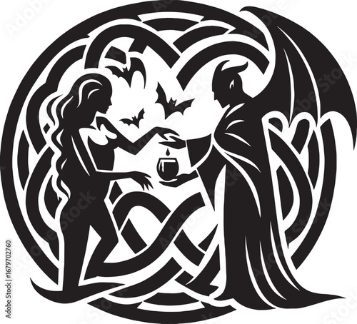 Intricate Black and White Illustration Depicting a Gothic Scene of Demons and a Woman