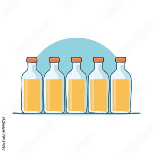 Clean vector illustration of five bottles filled with vibrant yellow liquid and orange caps