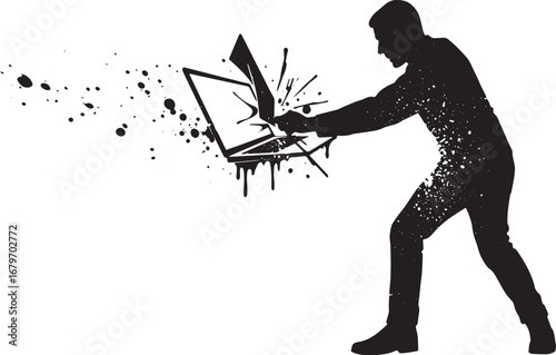 Aggressive frustration towards technology concept with man destr