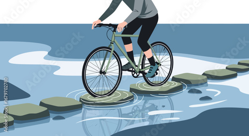 Cyclist on a green bike rides across stepping stones over water in an ilustrated style.