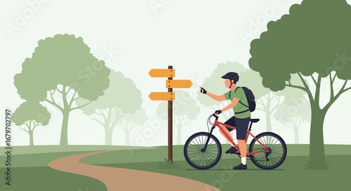 Cyclist on a Mountain Bike with a Backpack at a Signpost in a Park with Trees