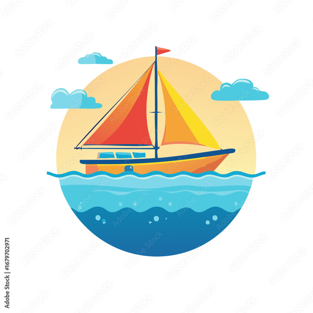 Fototapeta premium Colorful sailboat sailing on the blue ocean water with clouds and a sun in the background vector illustration