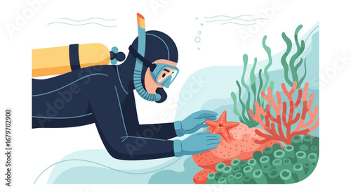 Diver Exploring Reef, Marine Wildlife Discovery, Underwater Sea Life Observation Illustration