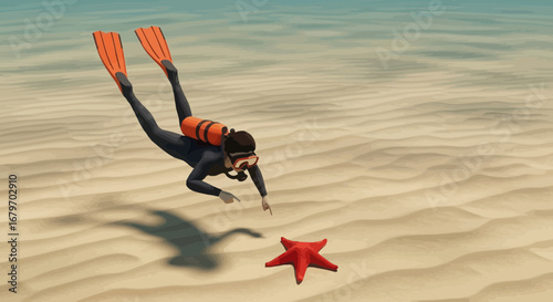Diver Exploring Seabed, Observing Red Starfish Amidst Sandy Tranquility Under Water