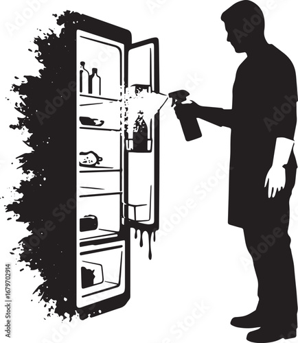 Silhouette of a man disinfecting a refrigerator with spray bottl