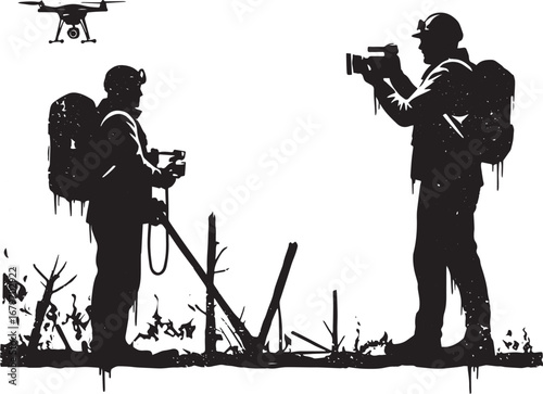 Silhouette observers documenting fire with camera and drone illu