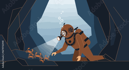 Diver Exploring Subterranean Cavern Interacting With Group Of Curious Crabs, Deep Underground