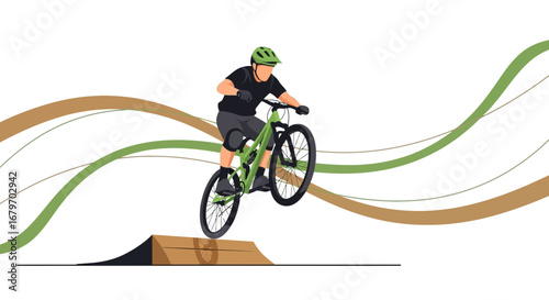 Cyclist Performs Thrilling Airborne Stunt on Bicycle Over a wooden Ramp Vector