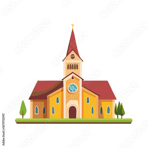Colorful Cartoon Church with Steeple and Trees on a White Background