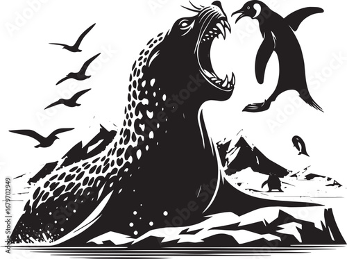 A dramatic black and white illustration of a seal attacking a penguin in an arctic environment