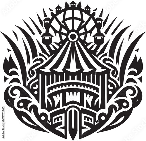 Black and white vector illustration of a vintage circus theme park with Ferris wheel