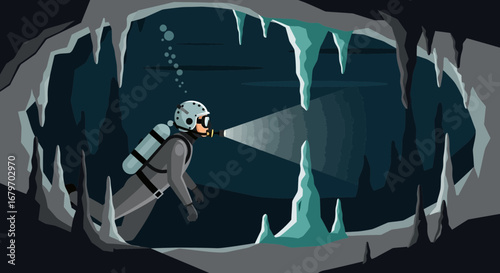 Diver Exploring Submerged Cave with Powerful Underwater Light and Stalactites