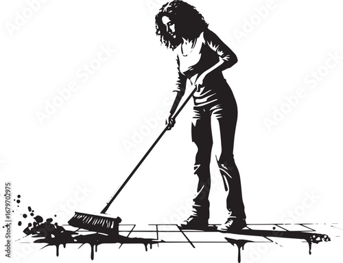 Monochrome illustration of a woman sweeping with a broom on a ti