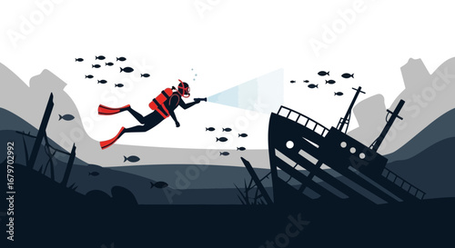 Diver Exploring Sunken Shipwreck With Underwater Creatures In Deep Ocean Environment