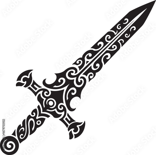 Ornate Tribal Sword Vector Art in Black and White for Graphic De