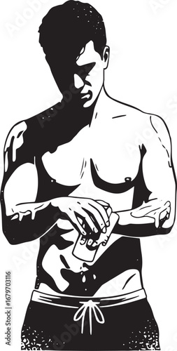 Monochrome illustration of a man applying skincare lotion for su