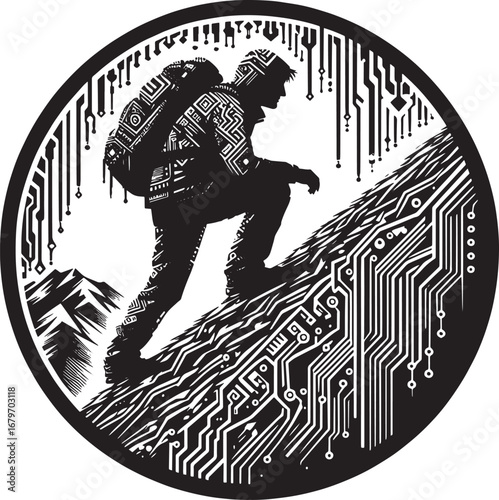 A man climbing a mountain with a circuit board design, representing technology and achievement