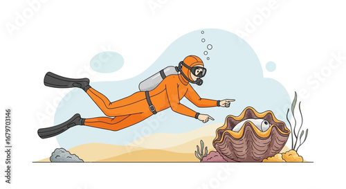 Diver Exploring The Ocean's Depths Discovering A Large Clam With A Pearl Inside This Illustration