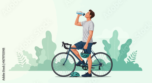 Cyclist Resting Beside Bicycle, Drinking Water, Enjoying A Summer Moment, Cartoon Illustration