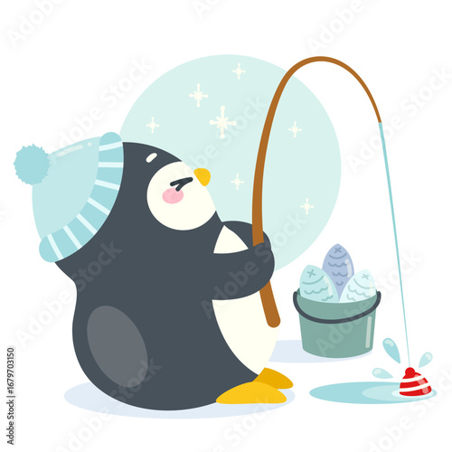 Kawaii penguin fishing in winter