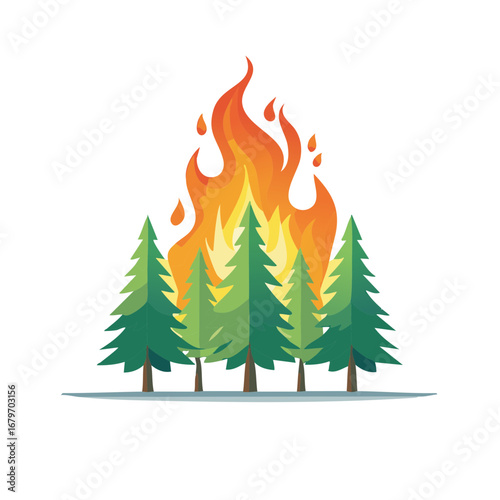 Forest fire illustration, green trees with bright orange flames engulfing woods, dangerous scene, climate change