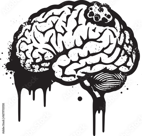 Monochrome digital illustration of a human brain displaying a br