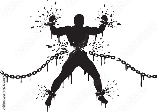 Silhouette of a man breaking chains symbolizing liberation and o