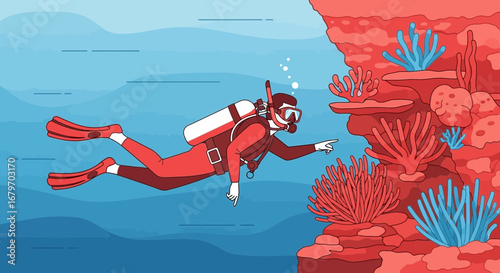 Diver Exploring The Underwater World Near The Coral Reefs, With Diving Equipment