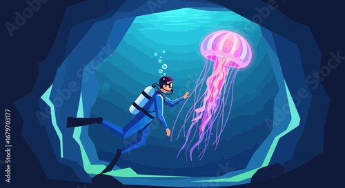 Diver Exploring Underwater Cavern Meeting Gigantic Fluorescent Jellyfish In Deep Ocean