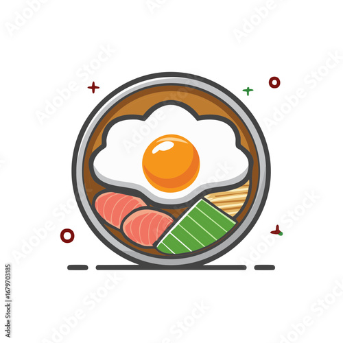 Stylized illustration of a savory breakfast bowl with fried egg sausage and noodles