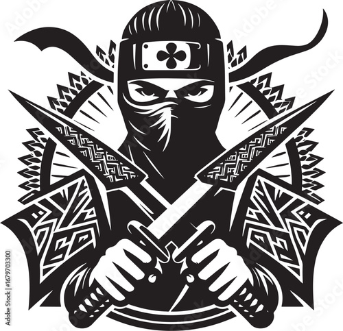 Intense ninja warrior emblem with crossed blades and a striking black and white design