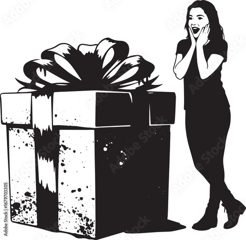 Surprised woman beside a colossal gift box expressing excitement