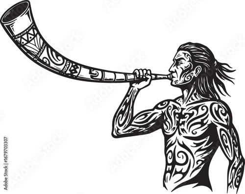 Tribal tattooed man blowing ornamental horn isolated on white ba