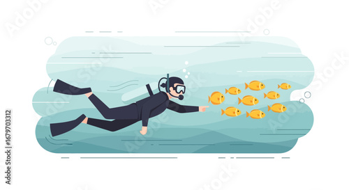 Diver Exploring Underwater World Near Fish School In Blue Ocean Illustrated Scene