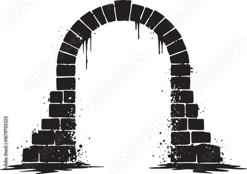 Grunge stone archway vector illustration, gateway into a hidden
