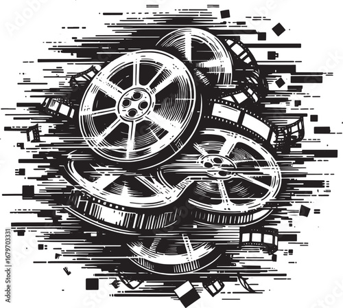 Artwork depicting vintage film reels and strips, representing cinema and the movie industry