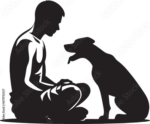 Silhouette of a Man and Dog, Showing Bond and Companionship, in Black and White