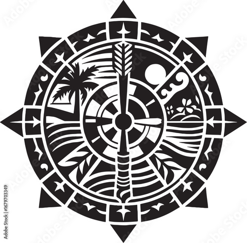 Intricate Black and White Compass Rose Design Featuring Tropical and Nautical Elements