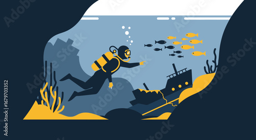 Diver Exploring Underwater World Near Sunken Ship With School Of Fish in The Ocean