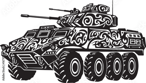 Stylized military transport vehicle with tribal decoration and h