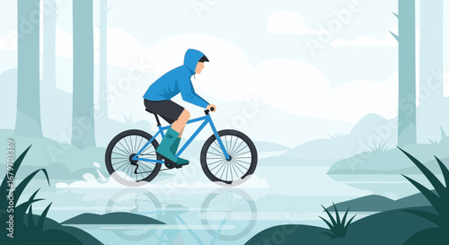 Cyclist Riding Bicycle Through Watery Terrain During a Rainy Day Amidst Natural Surroundings