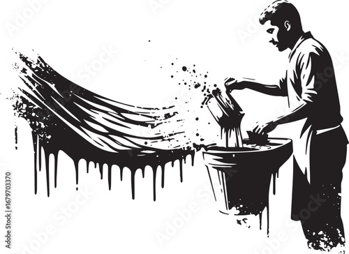 Monochrome depiction of a man cleaning equipment, conveying arti