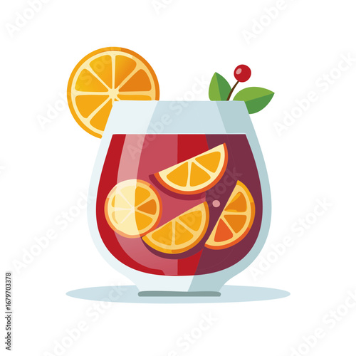 Glass of Sangria with Orange Slices Cherry and Green Leaves on White Background in Cartoon Style