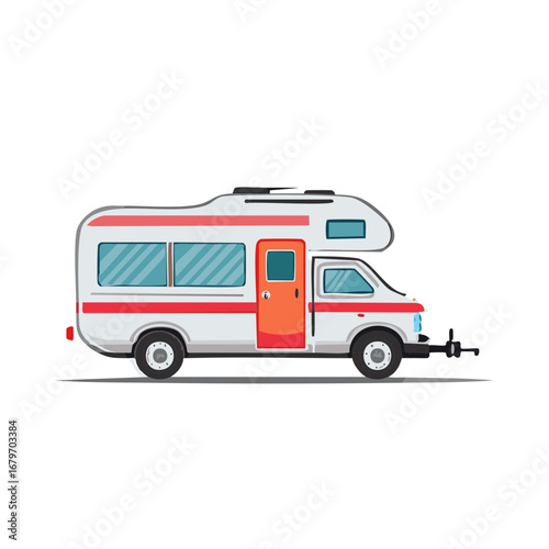 Illustration of recreational vehicle, caravan with orange door, travel trailer for camping trip vacations