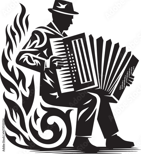 Silhouette of a Musician Playing an Accordion with Flames: Artistic Illustration