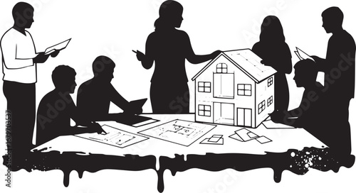 Architectural brainstorming session silhouette with house model